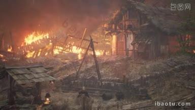 古老的村子里燃烧的木屋